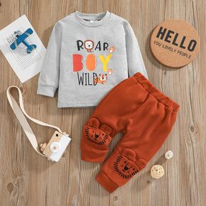 100% Cotton 2pcs Letter and Cartoon Lion Print Long-sleeve Pullover and Trousers Set