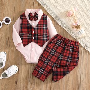 2pcs Baby Boy Solid Lapel Long-sleeve Splicing Red Plaid Bow Tie Faux-two Romper and Trousers Set