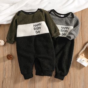 100% Cotton Baby Boy Letter Embroidered Colorblock Fuzzy Fleece Jumpsuit
