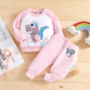 100% Cotton 2pcs Baby Girl Cartoon Dinosaur Print Pink Long Raglan Sleeve Sweatshirt and Trousers Set