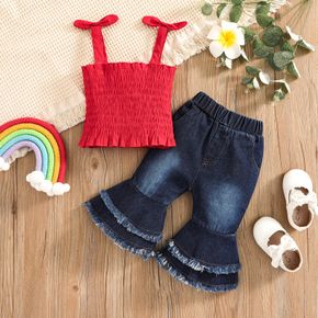 2pcs Baby Girl Red Sleeveless Shirred Tank Top and Layered Bell Bottom Jeans Set
