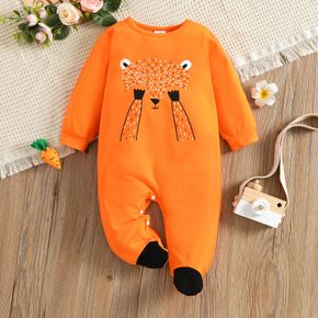 100% Cotton Baby Girl Cartoon Fox Print Orange Long-sleeve Footed Jumpsuit
