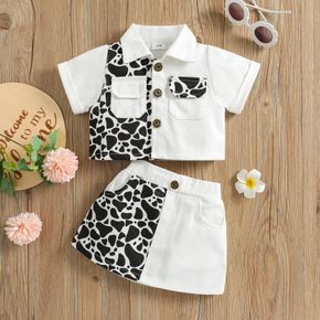 2pcs Baby Girl Cow Print Splicing White Denim Button Up Short-sleeve Crop Top and Skirt Set