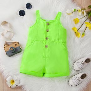 Baby Girl Button Front Fluorescent Green Roll Up Hem Denim Overalls Shorts