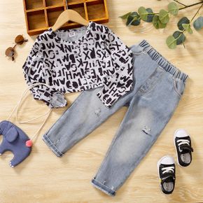 2pcs Toddler Girl Letter Print Long-sleeve Tee and Ripped Denim Jeans Set