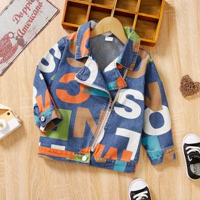 Toddler Boy Trendy Letter Print Zipper Design Denim Jacket