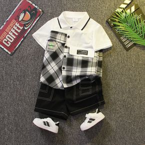 2pcs Toddler Boy Trendy Plaid Splice Lapel Collar Shirt and Shorts Set