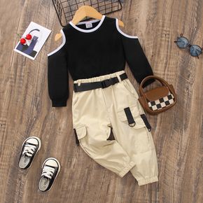 2pcs Toddler Girl Trendy Cold Shoulder Long-sleeve Tee and Cargo Pants Set