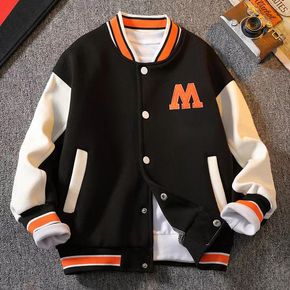Kid Boy Letter Embroidered Colorblock Striped Button Design Bomber Jacket