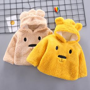 Bear Embroidery Hooded 3D Ear Decor Fluffy Fleece-lining Long-sleeve Beige or Yellow Toddler Hoodie Top