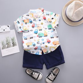2pcs Toddler Boy Playful Vehicle Print Shirt and Shorts Set