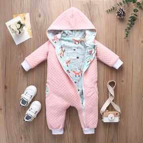 100% Cotton Baby Girl Pink Thickened Quilted Long-sleeve Hooded Zip Jumpsuit