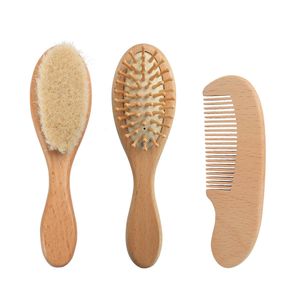 3-pack Baby Hair Brush and Comb Set Natural Wooden Hairbrush with Soft Goat Bristles for Newborn Infant Toddler