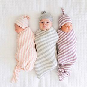 2-pack 100% Cotton Stripe Print Newborn Swaddle Receiving Blanket Baby Sleeping Bag Swaddles Wrap Blanket and Top Knot Hat Set