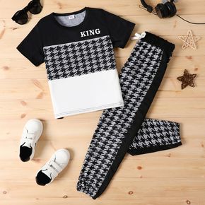 2pcs Kid Boy Letter Houndstooth Print Colorblock Short-sleeve Tee and Pants Set
