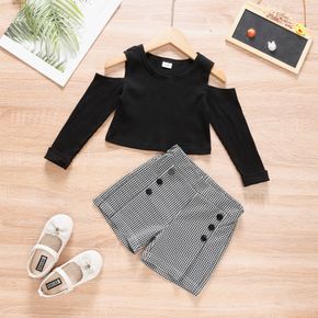 2-piece Toddler Girl Cold Shoulder Long-sleeve Black Top and Button Design Houndstooth Shorts Set