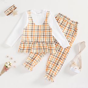 2-piece Toddler Girl Plaid Ruffle Hem Faux-two Long-sleeve Top and Pants Set