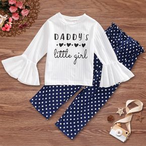 2-piece Toddler Girl Letter Print Bell sleeves White Top and Polka dots Paperbag Pants Set