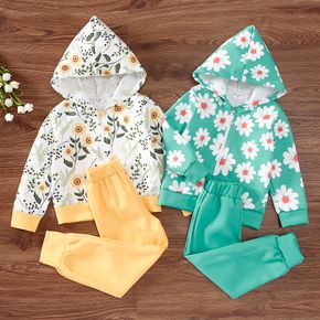 2-piece Toddler Girl Floral Print Zipper Hooded Jacket and Solid Pants Set