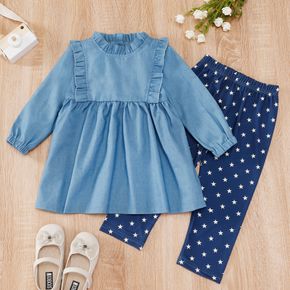 2-piece Toddler Girl 100% Cotton Ruffled Collar Long-sleeve Denim Top and Star Print Pants Set