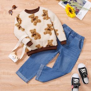 2-piece Kid Girl Animal Bear Pattern Fuzzy Pullover Sweatshirt and Denim Jeans Set