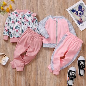 2-piece Toddler Girl Floral Print Colorblock Zipper Jacket and Pants set