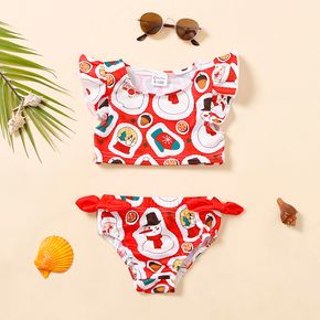 Christmas 2pcs All Over Santa and Snowman Print Red Swimsuits