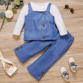 2-piece Toddler Girl Button Design Faux-two Denim Long-sleeve Top and Jeans Pants Set