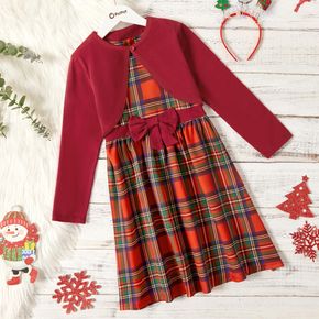 Conjunto de vestido xadrez vermelho com design de botão de natal para criança de 2 peças e cardigã vermelho e sem mangas bowknot