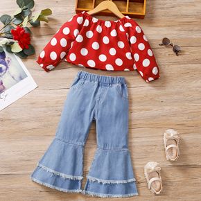 2-piece Toddler Girl Polka dots Long-sleeve Red Top and Layered Flared Denim Jeans Set