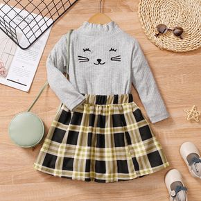 2-piece Toddler Girl Animal Embroidered Mock Neck Long-sleeve Gray Top and Plaid Skirt Set