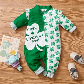 St. Patrick's Day Baby Girl Four-leaf Clover and Letter Print Long-sleeve Splicing Jumpsuit