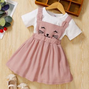 2-piece Toddler Girl Short-sleeve White Tee and Cat Embroidered Ear Design Waffle Overall Dress Set
