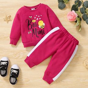 2pcs Baby Girl Cartoon Bee and Letter Print Hot Pink Long-sleeve Sweatshirt with Sweatpants Set