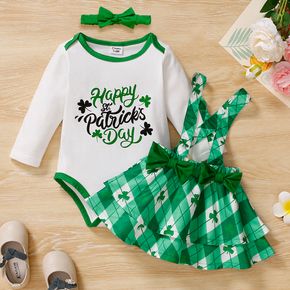 St. Patrick's Day 3pcs Baby Girl Four-leaf Clover Letter Print Long-sleeve Romper and Plaid Layered Suspender Skirt with Headband Set