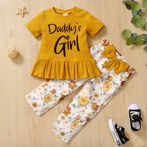 2-piece Toddler Girl Letter Print Ruffle Hem Ribbed Ginger Tee and Bowknot Design Floral Print Pants Set