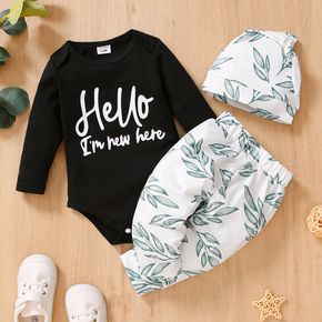 3pcs Baby Boy/Girl Letter Print Long-sleeve Romper and Leaves Print Trousers with Hat Set