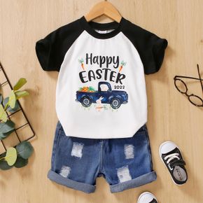 Easter 2pcs Toddler Boy Ripped Denim Shorts & Letter Vehicle Print Tee Set