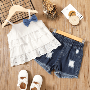 2-piece Toddler Girl Bowknot Design Schiffy White Camisole and Ripped Denim Shorts Set