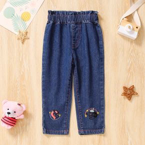 Toddler Girl Unicorn Embroidered Elasticized Blue Denim Paperbag Jeans