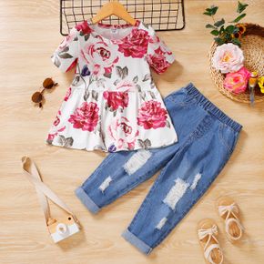 2pcs Toddler Girl Floral Print Short-sleeve Tee and Ripped Denim Jeans Set