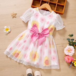 Toddler Girl Floral Print Bowknot Mesh Design Short-sleeve Dress