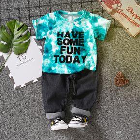 2pcs Toddler Boy Playful Denim Jeans Pants and Letter Print Tie Dyed Tee Set