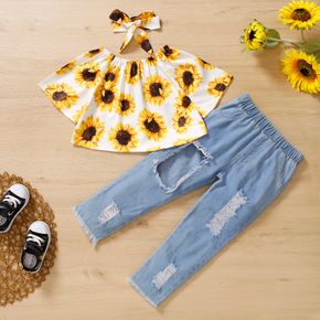 2pcs Toddler Girl Floral Print Off Shoulder Batwing Blouse and Ripped Denim Jeans Set