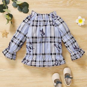 Toddler Girl Butterfly Print Plaid Ruffled Long-sleeve Blouse