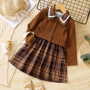 2pcs Toddler Girl Lapel Collar Plaid Sleeveless Dress and Cable Knit Long-sleeve Cardigan Set