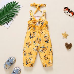 2pcs Baby Girl Allover Floral Print Bow Front Cut Out Tank Jumpsuit with Headband Set