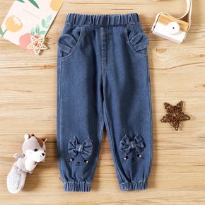 Toddler Girl Bowknot Rabbit Print Elasticized Blue Denim Jeans