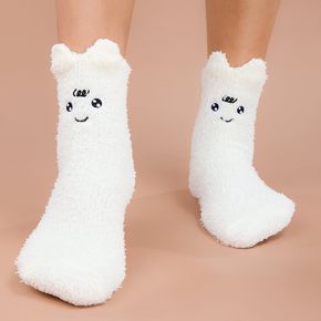 Women Cute Face Graphic Pure Color Warm Fuzzy Fleece Floor Socks