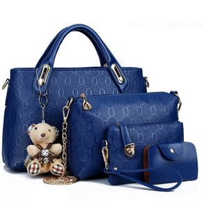 4-pack Women Pure Color Geometry Print Handbags Wallet Tote Bag Shoulder Bag Top Handle Satchel Clutch Coin Purse Set (With Toy Bear)